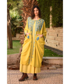 Yellow Siwa Embroidered Handwoven Linen Cardigan handmade in Egypt & available at Jozee Boutique.