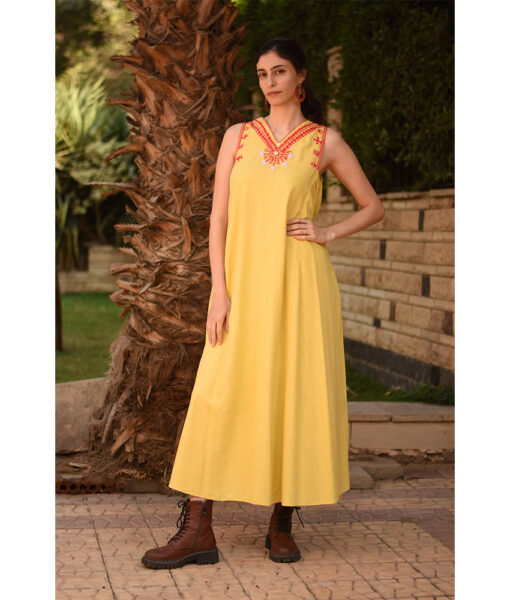 Yellow Siwa Embroidered  Linen V-Neck Dress handmade in Egypt & available at Jozee Boutique.