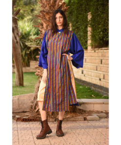 Electric Blue & Multicolored Silk & Cotton Loom Woven Long Sleeve Tunic handmade in Egypt & available at Jozee Boutique.