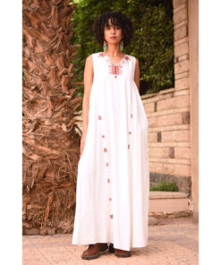 White Siwa Embroidered  Linen V-Neck Dress handmade in Egypt & available at Jozee Boutique.