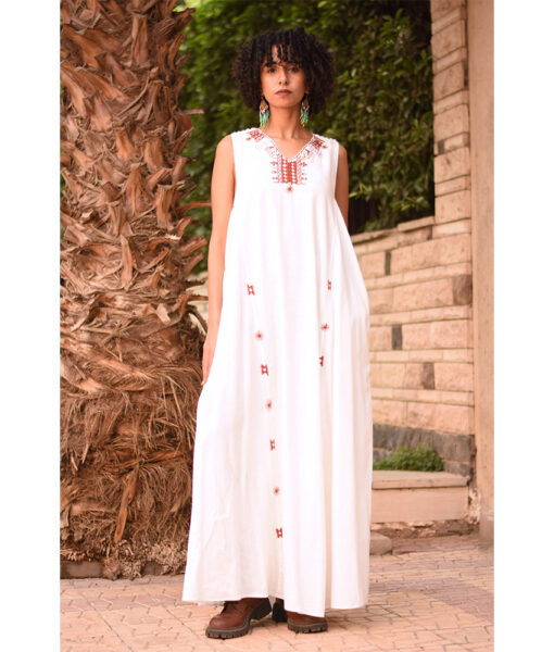 White Siwa Embroidered  Linen V-Neck Dress handmade in Egypt & available at Jozee Boutique.