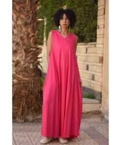 Fuchsia Linen V-Neck Dress made in Egypt & available in Jozee boutique