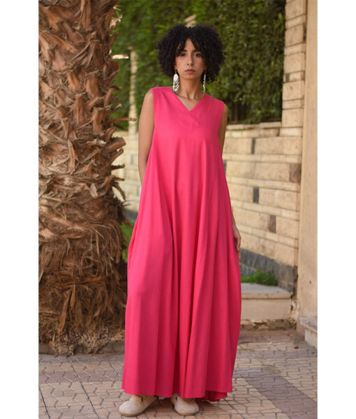 Fuchsia Linen V-Neck Dress made in Egypt & available in Jozee boutique