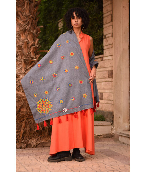 Grey Thin Wool Siwa Embroidered Shawl Handmade in Egypt & available at Jozee Boutique