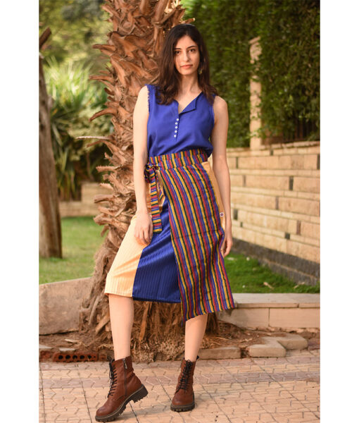 Multicolored Silk and Cotton Loom Woven Midi Wrap Skirt handmade in Egypt & available at Jozee Boutique.