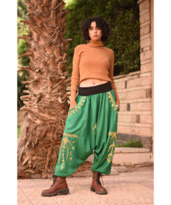 Green Siwa Embroidered Linen Harem Pants Handmade in Egypt & available at Jozee Boutique