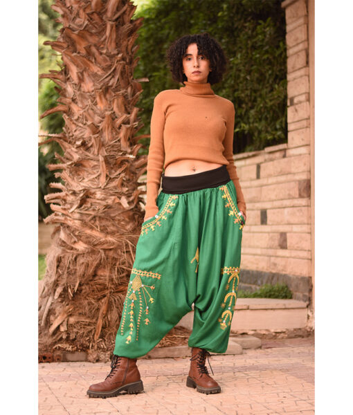 Green Siwa Embroidered Linen Harem Pants Handmade in Egypt & available at Jozee Boutique