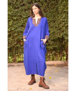 Electric Blue Linen Kaftan with Silk & Cotton Loom Woven Patches handmade in Egypt & available at Jozee Boutique.