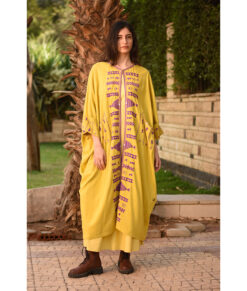 Yellow Siwa Embroidered Handwoven Linen Cardigan handmade in Egypt & available at Jozee Boutique.