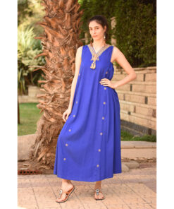 Electric Blue Siwa Embroidered  Linen V-Neck Dress handmade in Egypt & available at Jozee Boutique.