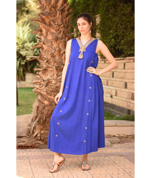 Electric Blue Siwa Embroidered  Linen V-Neck Dress handmade in Egypt & available at Jozee Boutique.