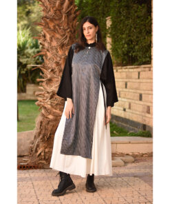 Black & Grey Silk & Cotton Loom Woven Long Sleeve Tunic handmade in Egypt & available at Jozee Boutique.