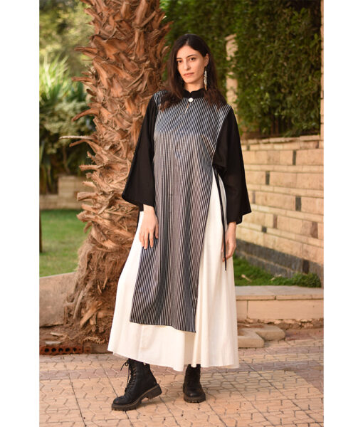 Black & Grey Silk & Cotton Loom Woven Long Sleeve Tunic handmade in Egypt & available at Jozee Boutique.