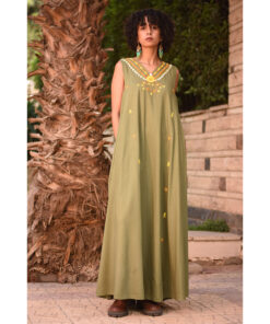 Olive Green Embroidered  Linen V-Neck Dress handmade in Egypt & available at Jozee Boutique.