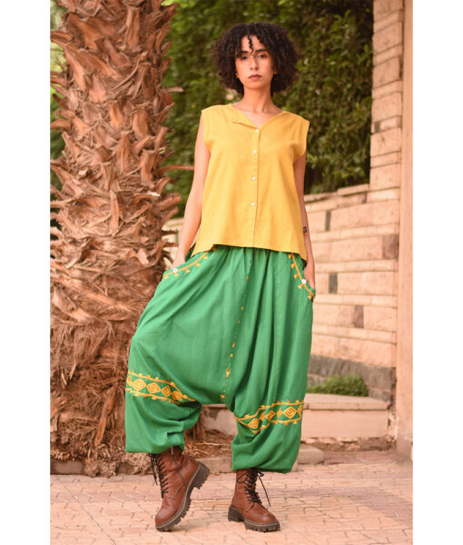 Green Siwa Embroidered Linen Harem Pants Handmade in Egypt & available at Jozee Boutique