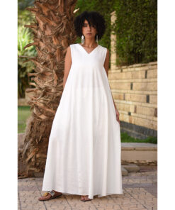 White Linen V-Neck Dress made in Egypt & available in Jozee boutique