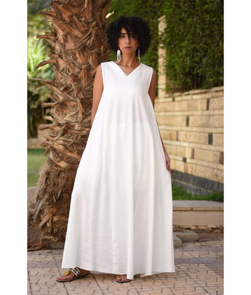 White Linen V-Neck Dress made in Egypt & available in Jozee boutique