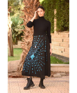 Black Siwa Embroidered Linen Wrap Skirt handmade in Egypt & available at Jozee Boutique.