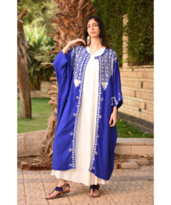 Electric Blue Siwa Embroidered Handwoven Linen Cardigan handmade in Egypt & available at Jozee Boutique.