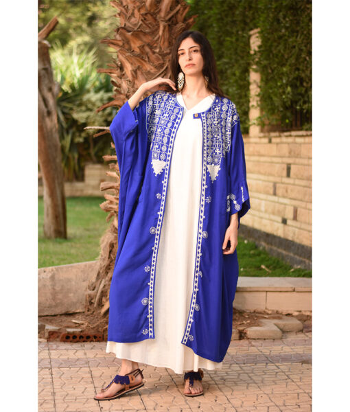 Electric Blue Siwa Embroidered Handwoven Linen Cardigan handmade in Egypt & available at Jozee Boutique.