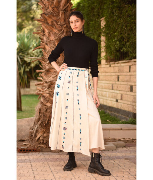 Beige Siwa Embroidered Linen Wrap Skirt handmade in Egypt & available at Jozee Boutique.