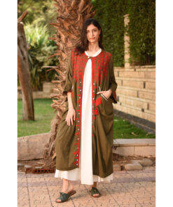 Army Green Siwa Embroidered Handwoven Linen Cardigan handmade in Egypt & available at Jozee Boutique.