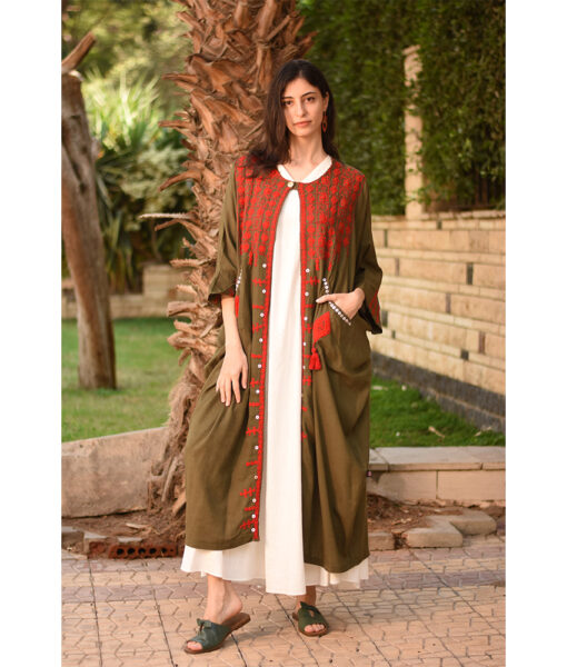 Army Green Siwa Embroidered Handwoven Linen Cardigan handmade in Egypt & available at Jozee Boutique.