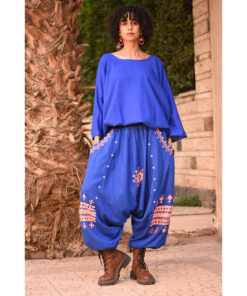 Electric Blue Siwa Embroidered Linen Harem Pants Handmade in Egypt & available at Jozee Boutique