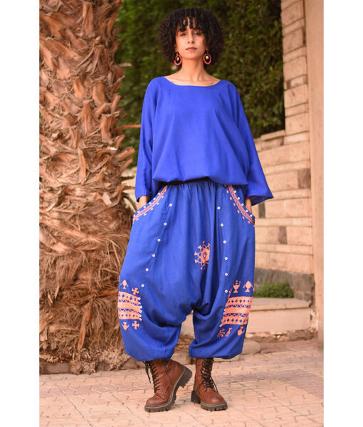 Electric Blue Siwa Embroidered Linen Harem Pants Handmade in Egypt & available at Jozee Boutique