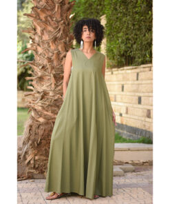 Army Green Linen V-Neck Dress made in Egypt & available in Jozee boutique