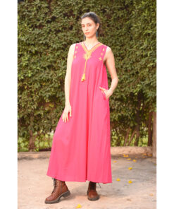 Fuchsia Siwa Embroidered  Linen V-Neck Dress handmade in Egypt & available at Jozee Boutique.