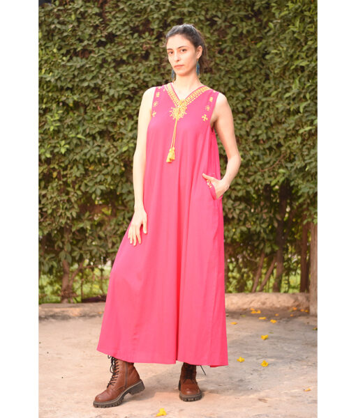 Fuchsia Siwa Embroidered  Linen V-Neck Dress handmade in Egypt & available at Jozee Boutique.