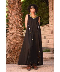 Black Siwa Embroidered  Linen V-Neck Dress handmade in Egypt & available at Jozee Boutique.