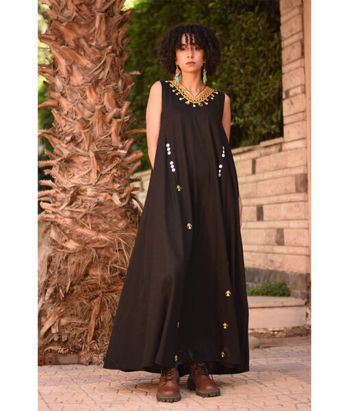 Black Siwa Embroidered  Linen V-Neck Dress handmade in Egypt & available at Jozee Boutique.