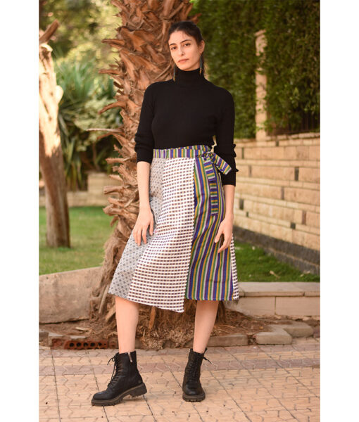 Grey & Multicolored Silk and Cotton Loom Woven Midi Wrap Skirt handmade in Egypt & available at Jozee Boutique.