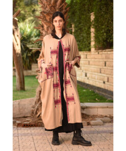 Dark Beige Siwa Embroidered Handwoven Linen Cardigan handmade in Egypt & available at Jozee Boutique.