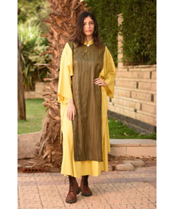 Yellow & Stripped Black Silk & Cotton Loom Woven Long Sleeve Tunic handmade in Egypt & available at Jozee Boutique.