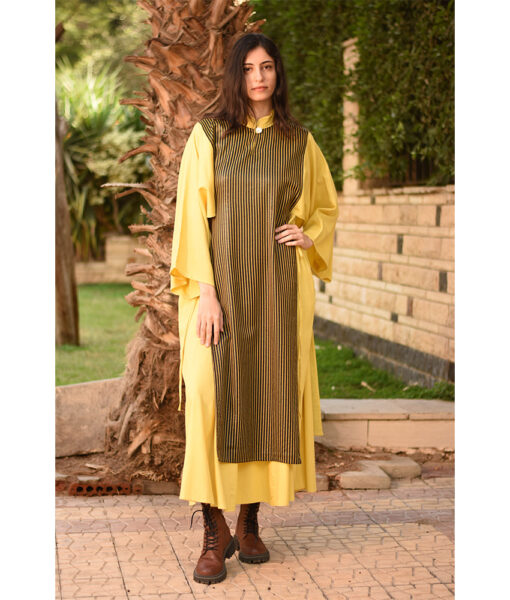 Yellow & Stripped Black Silk & Cotton Loom Woven Long Sleeve Tunic handmade in Egypt & available at Jozee Boutique.