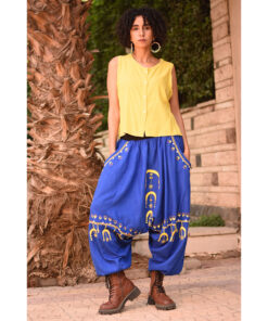 Electric Blue Siwa Embroidered Linen Harem Pants Handmade in Egypt & available at Jozee Boutique