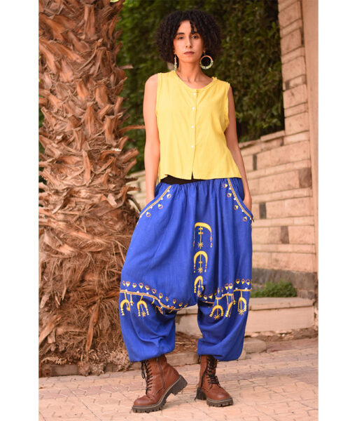 Electric Blue Siwa Embroidered Linen Harem Pants Handmade in Egypt & available at Jozee Boutique