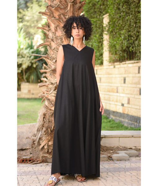 Black Linen V-Neck Dress made in Egypt & available in Jozee boutique