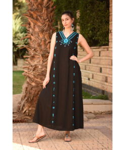 Black Siwa Embroidered  Linen V-Neck Dress handmade in Egypt & available at Jozee Boutique.