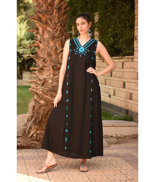 Black Siwa Embroidered  Linen V-Neck Dress handmade in Egypt & available at Jozee Boutique.