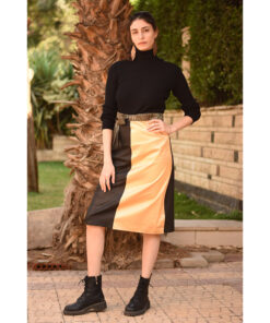 Gold, Striped Black & Yellow Silk and Cotton Loom Woven Midi Wrap Skirt handmade in Egypt & available at Jozee Boutique.