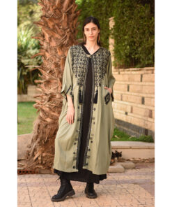 Olive Green Siwa Embroidered Handwoven Linen Cardigan handmade in Egypt & available at Jozee Boutique.