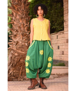 Green Siwa Embroidered Linen Harem Pants Handmade in Egypt & available at Jozee Boutique