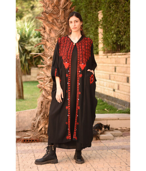 Black Siwa Embroidered Handwoven Linen Cardigan handmade in Egypt & available at Jozee Boutique.