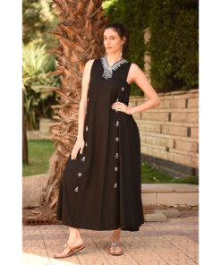 Black Siwa Embroidered  Linen V-Neck Dress handmade in Egypt & available at Jozee Boutique.