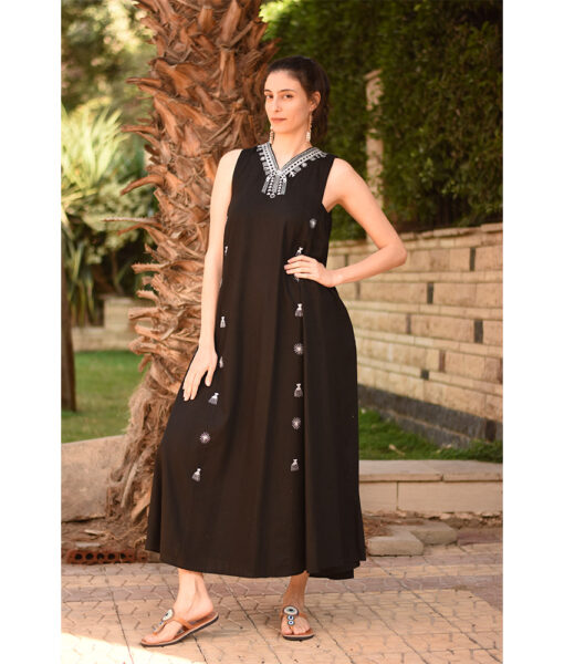 Black Siwa Embroidered  Linen V-Neck Dress handmade in Egypt & available at Jozee Boutique.