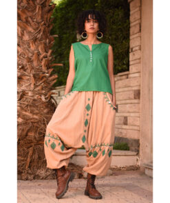 Dark beige Siwa Embroidered Linen Harem Pants Handmade in Egypt & available at Jozee Boutique